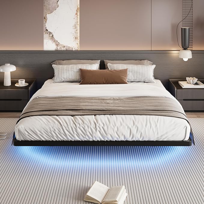 SHA CERLIN King Size Floating Bed Frame with Smart LED Lights, Black | Modern Design Metal Platform Bed with Power Strip, No Box Spring Needed, Noise-Free, Easy Assembly