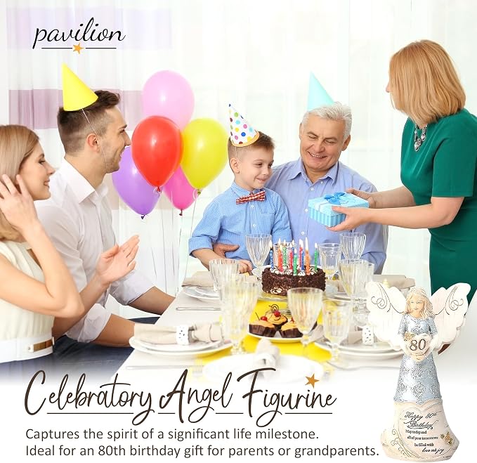 Pavilion 'Happy 80th Birthday' 82475 Elements Angels - Polyresin Birthday Angel Figurine - Silver Hand-Painted Remembrance and Keepsake Gift Angel for Grandmothers, Mothers, Aunts, Friends, Women