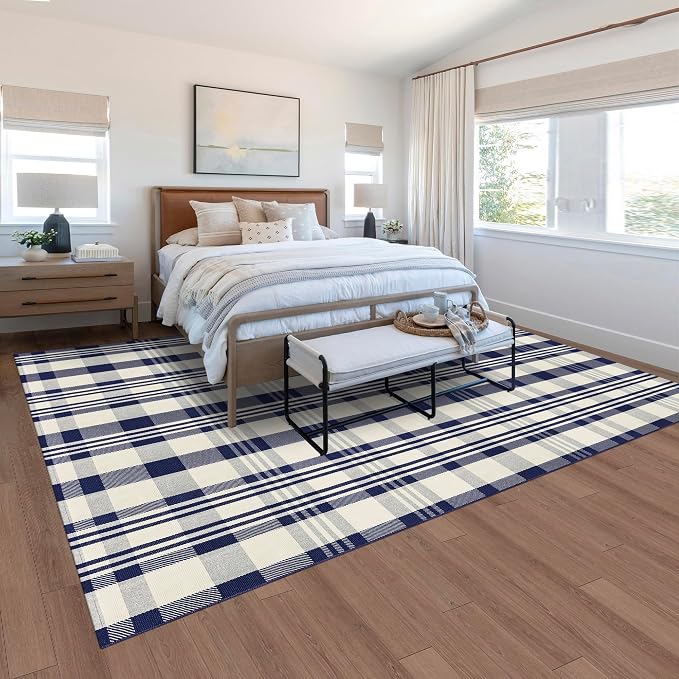 Buffalo Plaid Rug 6x9 Cotton Woven Rug Navy and Off White Checkered Buffalo Check Carpet Home Decor Washable Indoor Outdoor Area Rug for Living Room Bedroom Dining Patio Farmhouse
