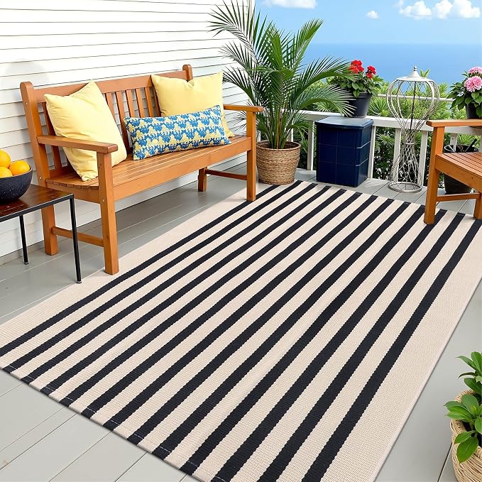 OLANLY Beige and Black Striped Rug 3' x 5' – Washable Cotton Doormat for Indoor Outdoor Use, Layered Front Porch Rug for Entryway, Kitchen, Patio