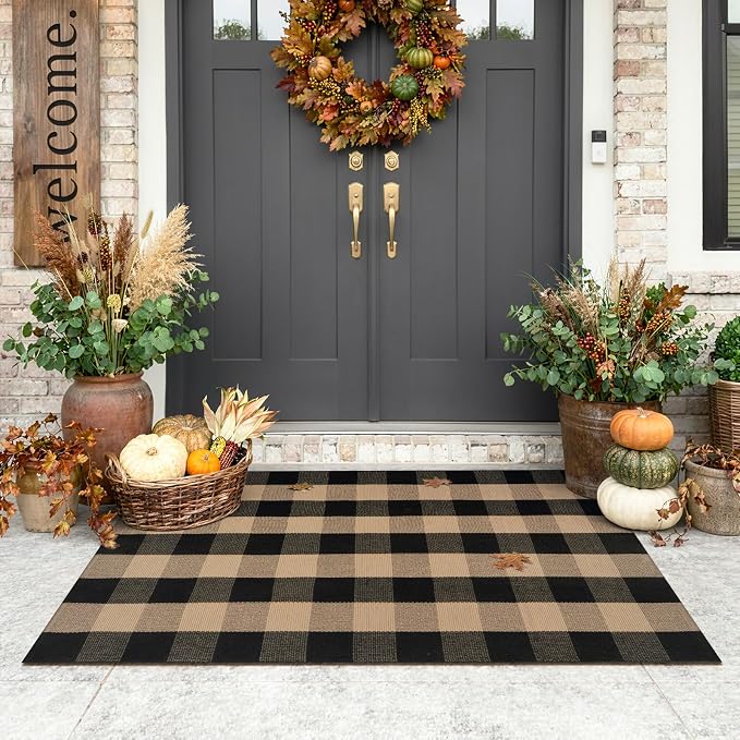 Uphome Bufflo Plaid Outdoor Rug 3'x5', Black Natural Checkered Front Door Mat for Fall Decor, Indoor Outdoor Farmhouse Cotton Porch Rug for Layered Door Mats, Washable Area Rugs for Entryway Kitchen