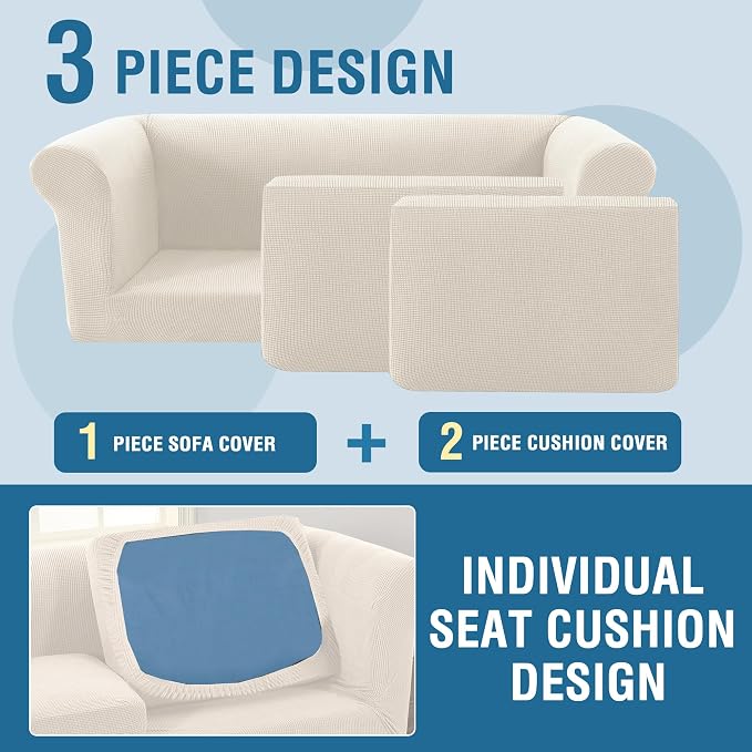 H.VERSAILTEX 3 Pieces Stretch Chesterfield Couch Cover 2 Cushion Sofa Mid Century Deep Seat Slip Covers for Sofas/Couches with Elastic Bottom Thicker Jacquard Fabric(Medium-XL Sofa, Ivory)