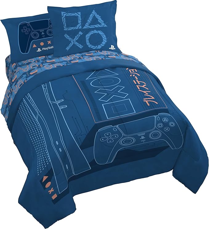 Jay Franco Kids Bed Set, Blue, PlayStation, 7 Piece Queen | Cozy Soft Bedding for Stylish Room Décor with Comforter, Sheets & Pillow Covers