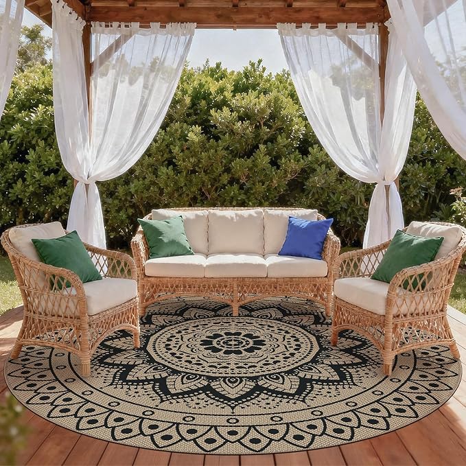 Faux Jute Outdoor Round Rug, 8ft Washable Indoor Outdoor Patio Rug, Black Non Slip Round Area Rug Farmhouse, Boho Carpet for Backyard Patio