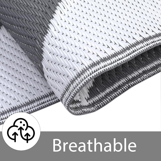 GarveeLife 9x18 Outdoor Rug for Patio Reversible, Plastic Straw Rug Waterproof Camping Rug Portable, Foldable Lightweight Mat for RV, Patio, Backyard, Deck, Picnic, Beach (Grey/White)