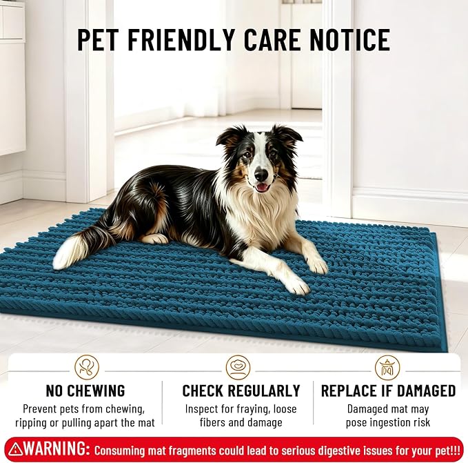 Smiry Dog Door Mat for Muddy Paws 34x21, Absorbent Dirt Trapper, Non-Slip Washable Chenille Entryway Rug for Inside Floor, Atlantic Blue, Layered Pattern