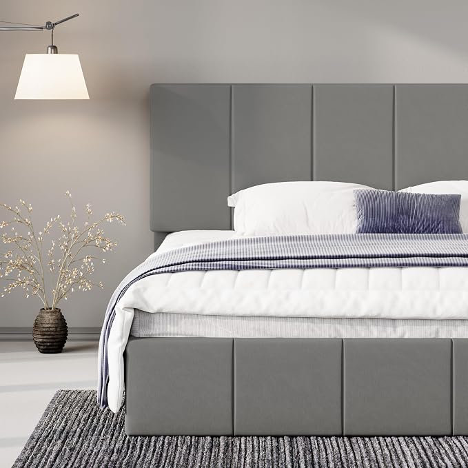 Allewie King Size Dutch Velvet Upholstered Platform Bed Frame/Vertical Channel Tufted Adjustable Headboard/Low Profile Bed Frame/No Box Spring Needed/Easy Assembly/Grey