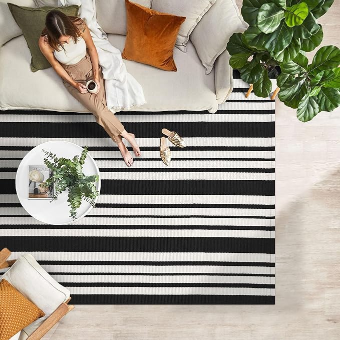 IOHOUZE Black and White Striped Rug 4'x6' Outdoor Rugs, Washable Area Rug for Double Front Door, Large Patio Rug Outdoor Indoor, Doormat for Entryway Porch Entrance