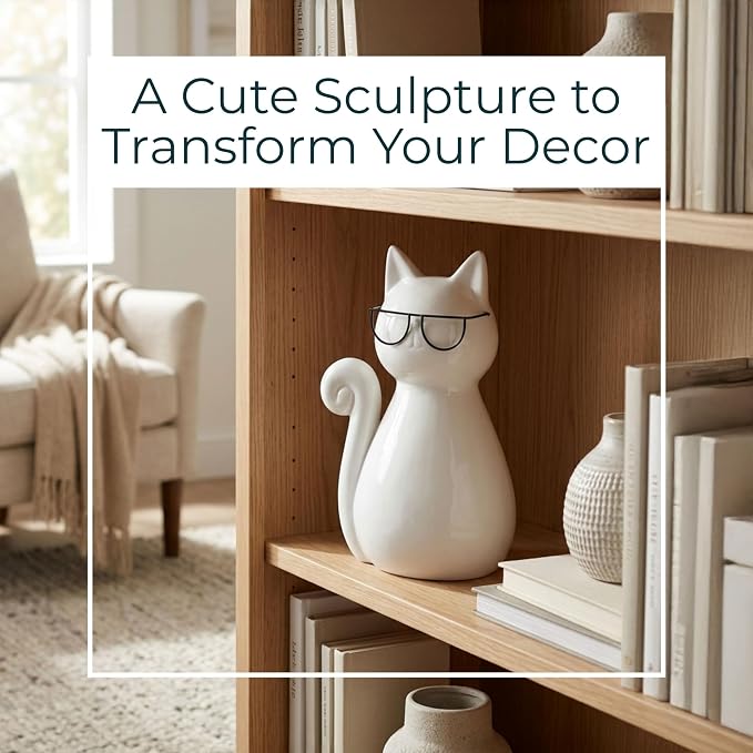 7" Cat with Glasses Sculpture - Contemporary Porcelain White and Black Cat Statue for Home or Office Decor - Cat Lover Gift Idea - Decorative Home Decor Accent