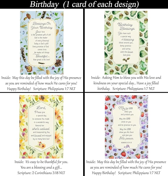 Birthday Cards ~ No Repeated Designs~ 32 Cards and Designs ~ Christian/Religious Greeting Card Assortment #1 ~ Scripture in every card ~ Envelopes Included