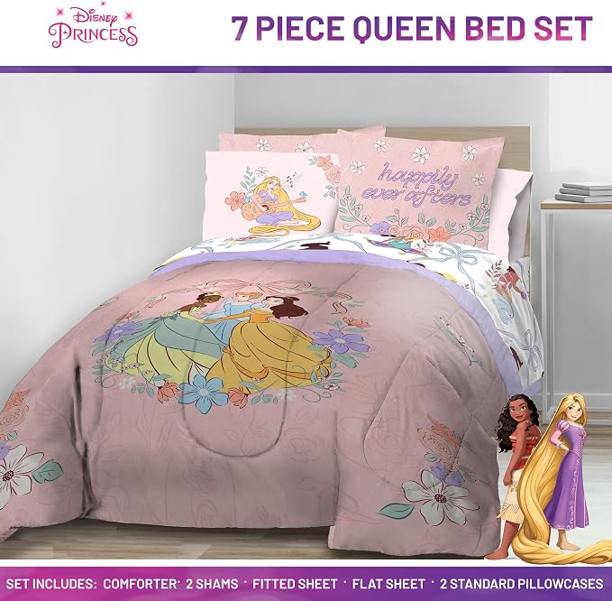 Disney Princess Queen Comforter Set 7 Piece Kids Bedding for Girls, Pink | Cinderella Rapunzel Belle, Bed in a Bag, Comforter Sheets Shams Pillowcases, Soft Microfiber, Machine Washable, Girls Gift