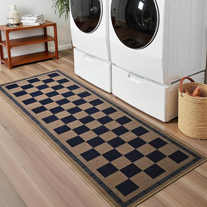 Vasofe 2x6 Jute Checkered Rugs, Outdoor Runner, Runner Carpet for Hallway | Washable PatPorch Balcony Runner Rug Indoor Bedroom Kitchen Laundry Mat, Non Slip Plaid Farmhouse Carpets, Navy and Brown