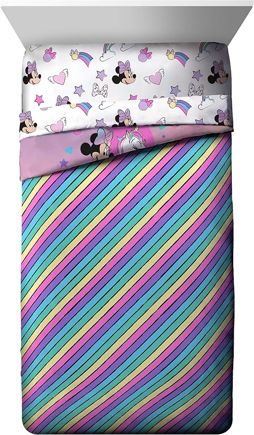 Disney Minnie Mouse Full Size Comforter Set 7 Piece Kids Bedding, Pink | Unicorn, Comforter Sheets Shams Pillowcases, Official Product, Soft Microfiber, Machine Washable, Girls Gift