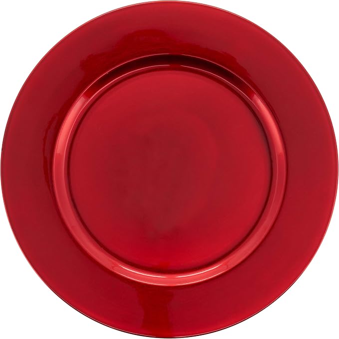 SARO LIFESTYLE Decorative Charger Plates, 13” Round Plastic Charger Plates, Set of 4 – Elegant Table Décor for Events, Weddings & Home Dining, Red