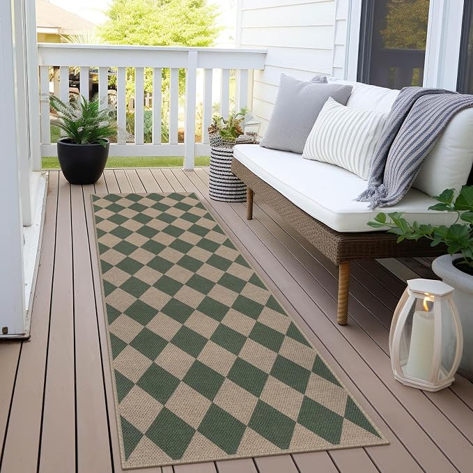 Rugalia Easy Jute Checkered Runner Rug, 2x6 Green Modern Washable Rugs Runner for Hallway Non-Slip Long Kitchen Rug, Geometric Diamond Indoor Outdoor Carpet for Porch Laundry Entryway