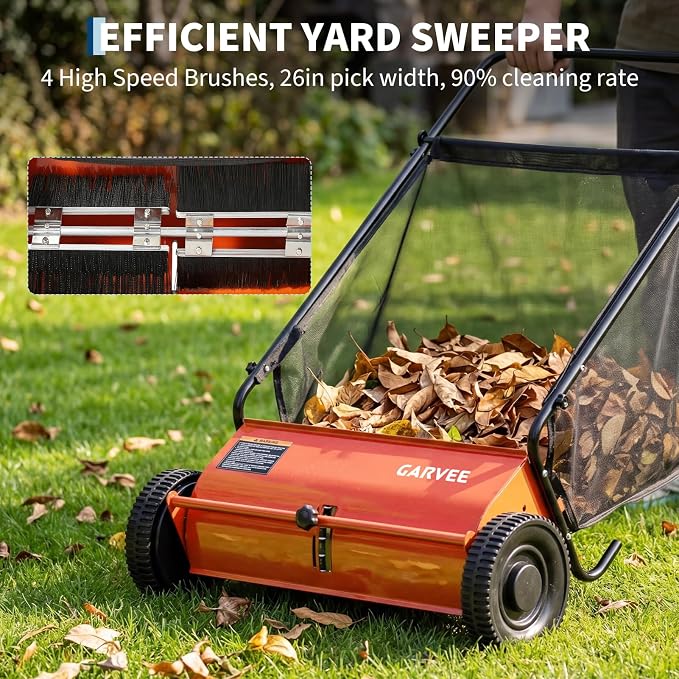 26 Inch Push Lawn Sweeper with Wheels,Manual Push Sweeper for Leaves and Grass Collection,7cu. ft. Hopper Bag,4 Adjustable Spinning Brushes, Ideal for Garden, Patio and Yard Cleanup
