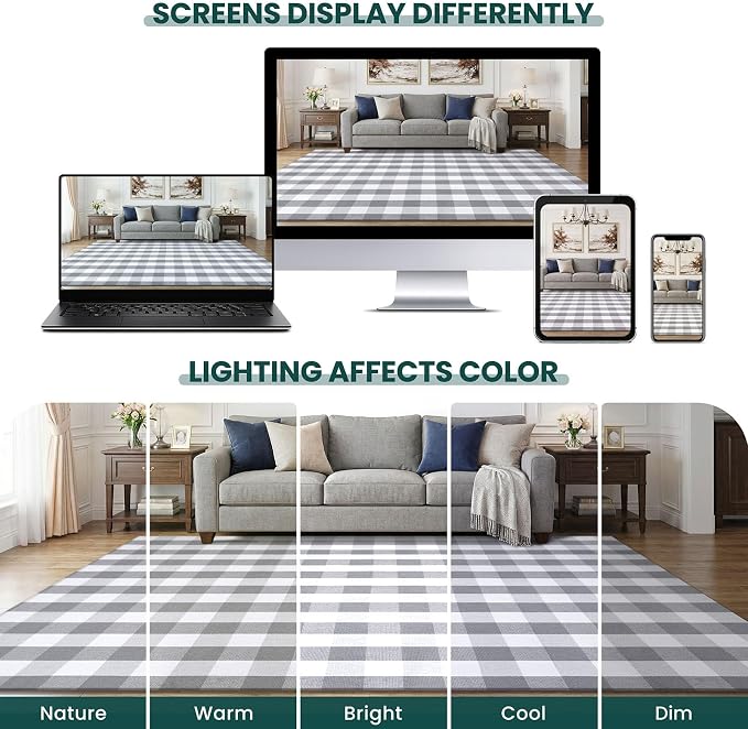 KOZYFLY Buffalo Plaid Area Rug 4x6 Ft Checkered Rug Washable Cotton Outdoor Rugs for Bedroom Gray and White Front Door Mat Carpet for Front Porch Living Room Dining Room Kitchen