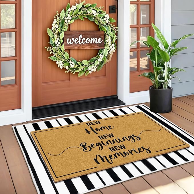 2 Pcs Coir Door Mat Welcome Mats for Front Door Porch Black White Layering Rug for Outside Entrance Non Slip New Home Area Rugs for Outside Patio Housewarming Gift Idea for Family Friends 23.6"x35.4"