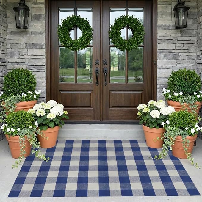 SEEKSEE Buffalo Plaid Rug 4' x 6' Blue and White Large Front Door Mat, Layering Area Rug, Summer Rug for Outdoor Patio Entryway Indoor Living Room Kitchen Dining Room Decor