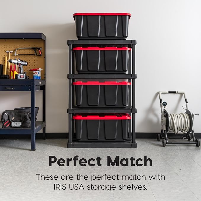 IRIS USA 4-Pack 27 Gal Heavy Duty Storage Tote Bins with Lids, Red | Large-capacity design stores seasonal gear, moving supplies and equipment, Stackable shape supports efficient organization