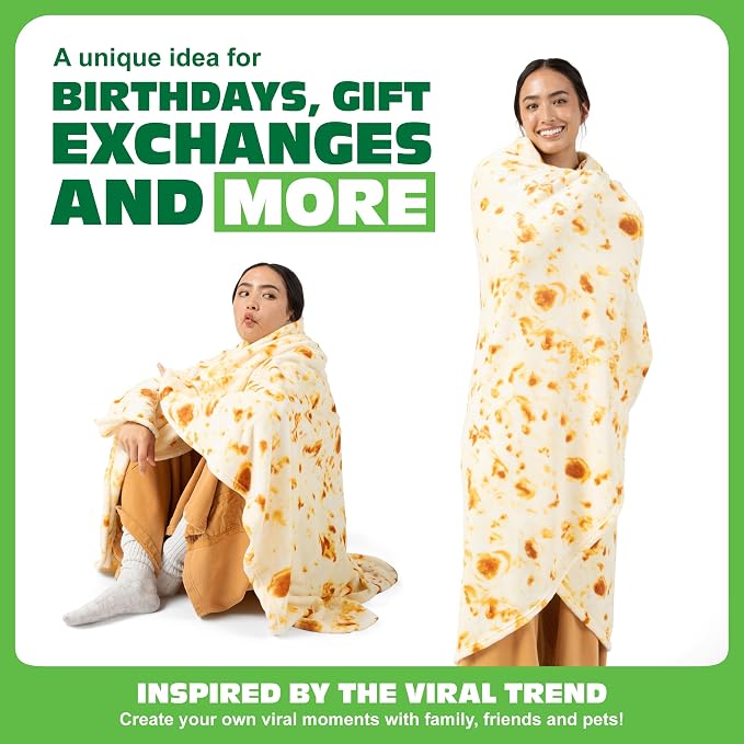 Cozy Concepts Co. Burrito Comfort Blanket by Relatable, Looks Like a Giant Tortilla to Wrap Yourself Up Like a Burrito, Great for Dorm Decor or Back to School Gifts, Large Size 65” Throw Blanket