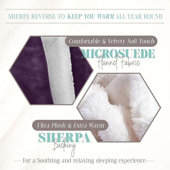 Elegant Comfort Reversible and Ultra-Plush Flannel Fleece Sherpa Throw- Lightweight Soft and Cozy- All Season Decorative Throw, Perfect for Lounging, 50 x 60 inches, Purple