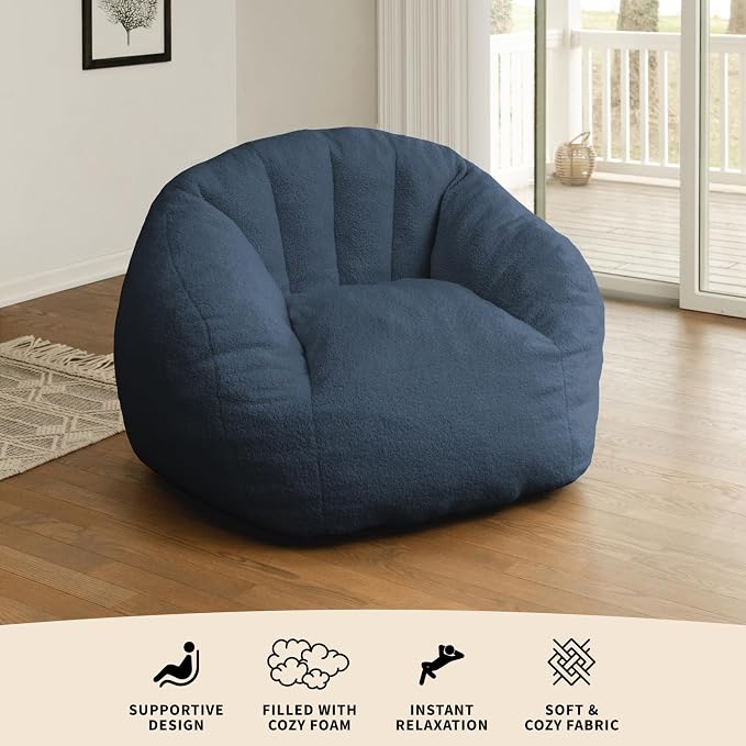 Big Joe Cloudberry Bean Bag Chair, Foam-Filled Structured Seat, Teddy Boucle, Slate Blue, Adults