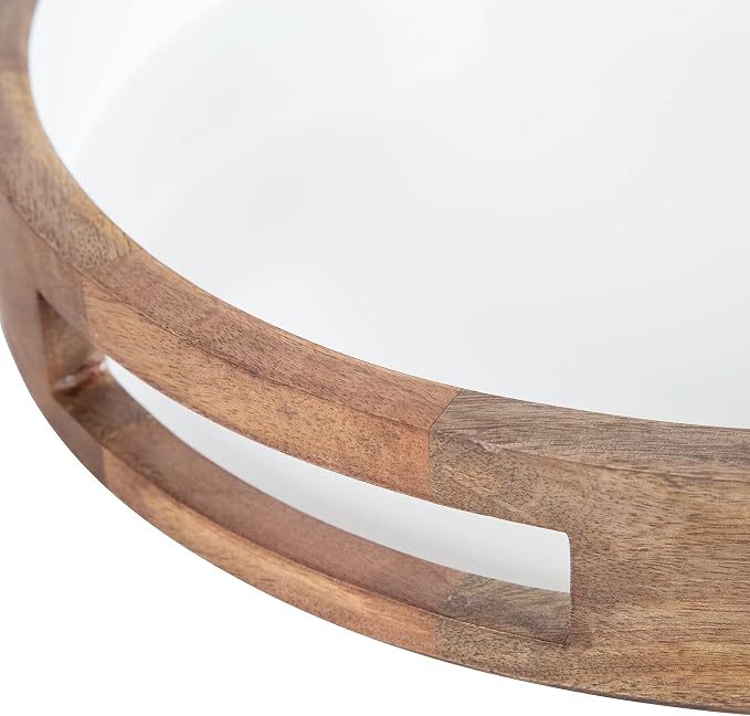Kate and Laurel Ehrens Boho Wood Tray, 15 Inch Diameter, Natural and White, Round Accent Tray for Transitional Decor