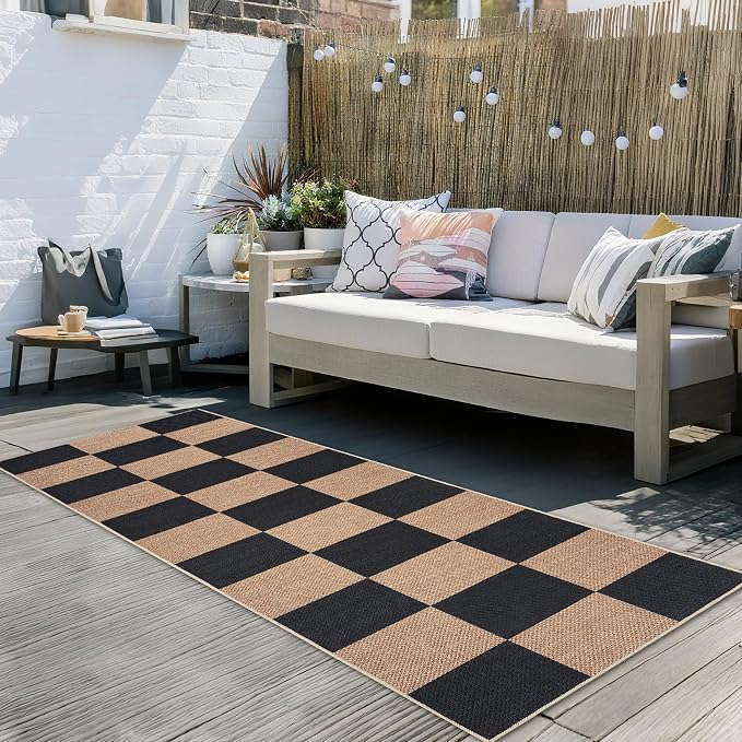 COZYLOOM 2x8 Bathroom Runner Rug Machine Washable Area Rugs for Entryway Modern Geometric Print Floor Cover with Non Slip Backing, Non Shedding Low Pile Checkered Mats for Kitchen, Brown