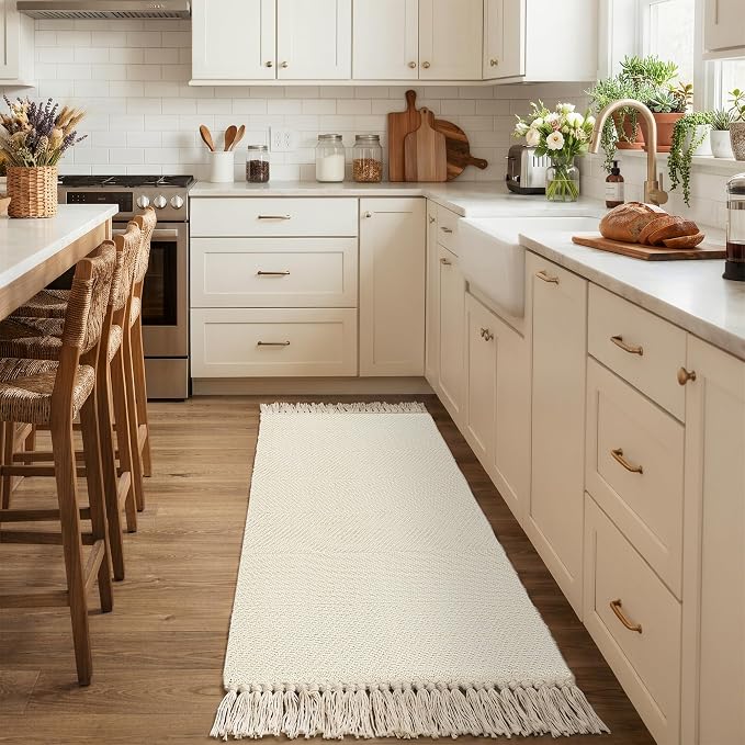 Collive Bathroom Runner Rug, 2' x 5' Modern Farmhouse Kitchen Runner Rug Hand-Woven Entryway Rugs Runners for Hallway, White Boho Washable Laundry Carpet Indoor Front Door Mat for Bedroom Decor