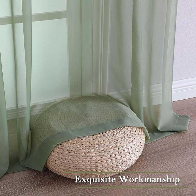 Lecloud Sage Green Sheer Curtains 96 Inches Long 2 Panels, Solid Airy Voile Dual Rod Pocket Sheer Curtains, Elegant Light Filtering Window Curtain Drapes for Living Room Bedroom Balcony, 59" W x 96" L
