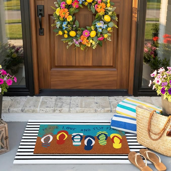 Moucuny 2 Pcs Summer Coir Doormat Outdoor, 16'' x 28'' Beach Mats Peace Love and Flip Flops Welcome Mats, 24'' x 35'' Non-Slip Outdoor Black White Stripe Layered Rug for Porch Front Entryway Decor