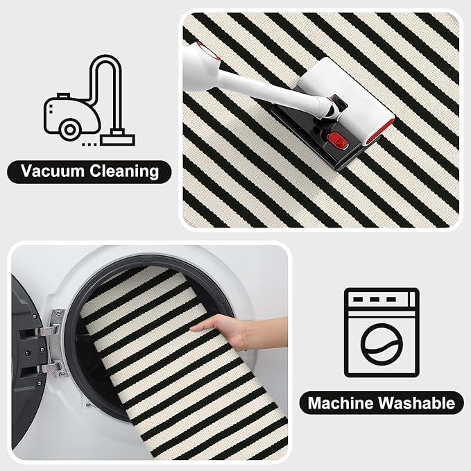 OJIA Washable Area Rugs 4'x6' Black and Cream Outdoor Rug Porch Patio Decor | Cotton Woven Entryway Rugs Indoor Striped Patio Rug Carpet for Bedroom/Front Porch/Deck/Backyard/Home Outside Entrance Decor