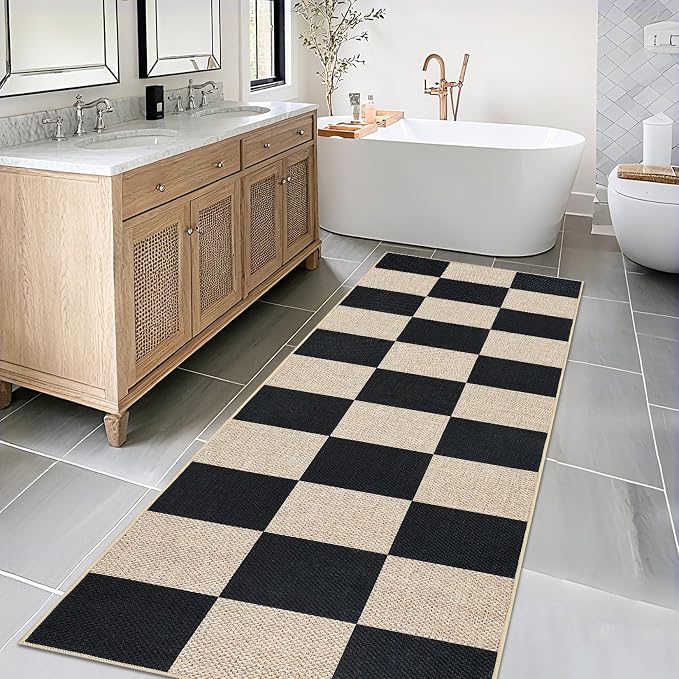COZYLOOM Checkered Area Rug 2x8 Runner Rug for Hallway Non Slip Stain Resistant Rugs for Kitchen Modern Geometric Non Shedding Low Pile Door Mats for Bathroom, Bedroom, Entryway, Laundry Room, Black