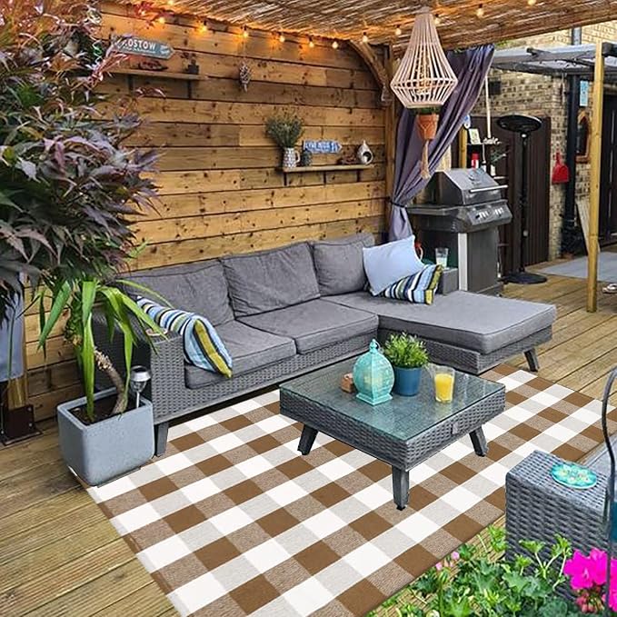 Buffalo Plaid Outdoor Rugs, 4' x 6' Brown and White Checkered Indoor/Outdoor Area Rug, Layering Rug for Hello/Welcome Door Mat, Washable Cotton Woven Farmhouse Mat for Fall Front Porch Décor
