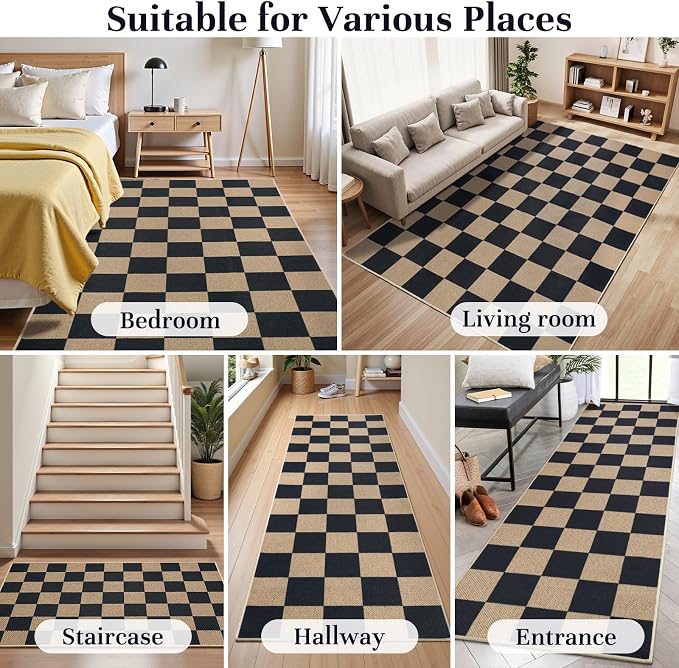 EDIMENS 2x6 Checkered Easy Jute Washable Kitchen Indoor Outdoor Runner Rug | Non Slip Front Door Runner Rug for Laundry Balcony Low Pile Rugs Black Checkerboard Carpet for Hallway 6ft Entry