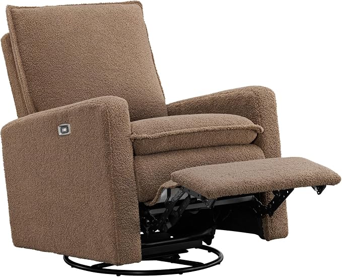 Oxford Baby Uptown Power Glider Recliner Rocking Chair 270° Swivel for Nursery and Living Room, Teddy Brown, Green Guard Gold Certified