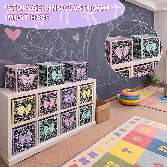 Kathfly 6 Pcs 11" Composition Notebook Fabric Classroom Storage Bins Pastel Bow Cubby Bins Storage Baskets with Handles for School Classroom Lost and Found Prize Office Home Organizer Supplies