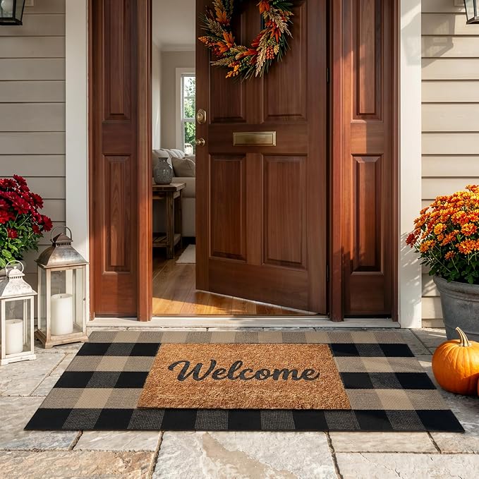 KIMODE Front Door Mat Outside Entrance 24"x51",Black and Tan Checkered Outdoor Rug,Farmhouse Fall Front Porch Rug Decor,Cotton Woven Washable Layering Rug for Front Door,Outside Entrance,Kitchen