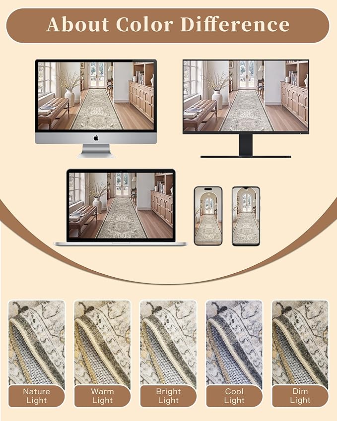 Madane Hallway Runner Rug 2'6''x10' Kitchen Runner, Non Slip Vintage Runners for Hallways Washable Kitchen Rugs Soft Low Pile 2.5x10 ft Rug Runner for Laundry Room, Entryway and Bedroom, Ivory/Brown