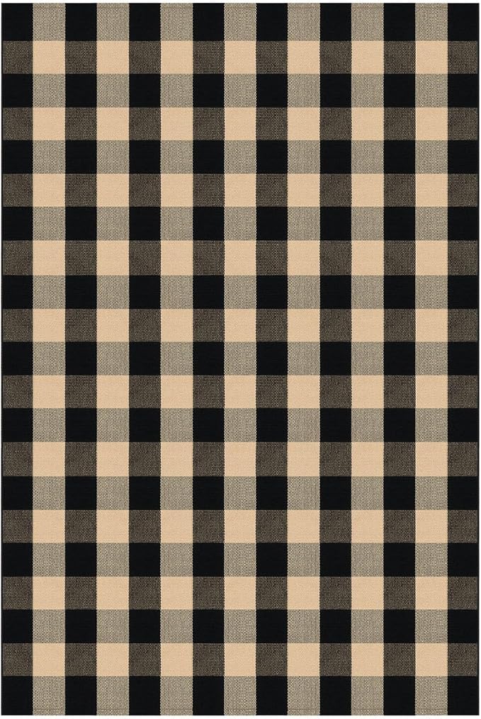 KOZYFLY Buffalo Plaid Area Rug 5x7 Living Room Rug Washable Cotton Brown and Black Checkered Rugs Outdoor Carpet for Dining Room Bedroom Farmhouse Patio Rugs