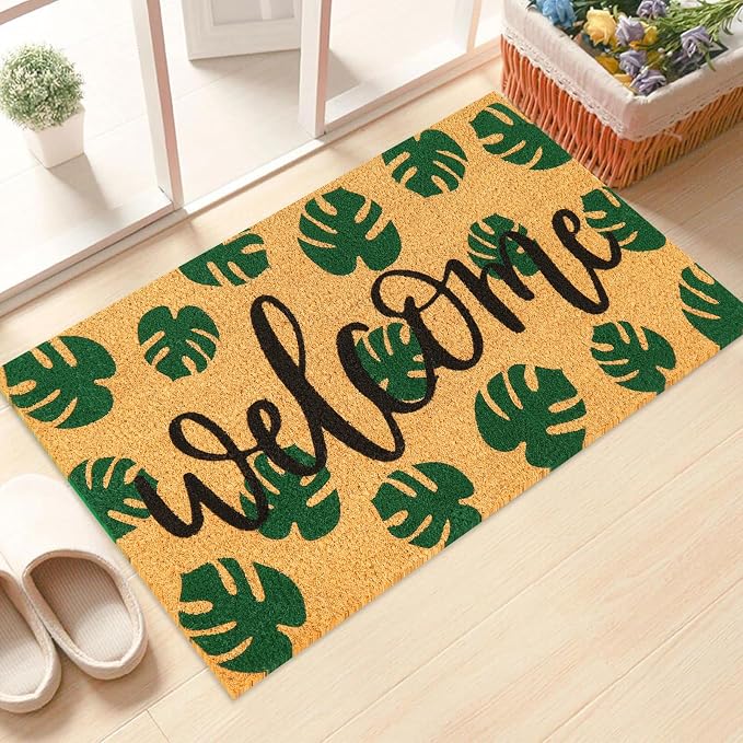 JarThenaAMCS Tropical Coir Doormat Summer Hawaiian Welcome Floor Mat Green Natural Palm Leaf Non-Slip Entrance Door Rugs for Indoor Outdoor Home Bathroom Decor, 16.5 x 29 Inch