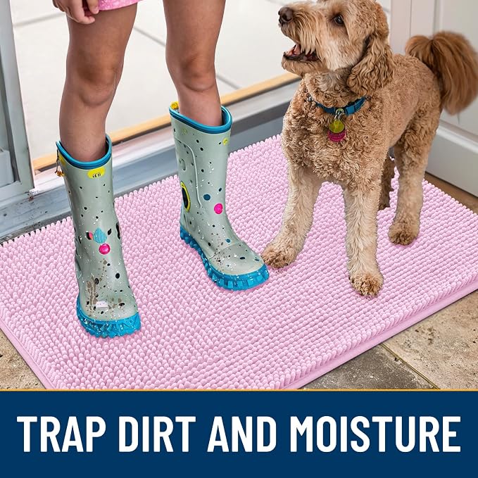 Smiry Dog Door Mat for Muddy Paws 47x24, Absorbent Dirt Trapper, Non-Slip Washable Chenille Entryway Rug for Inside Floor, Pink, Classic Solid