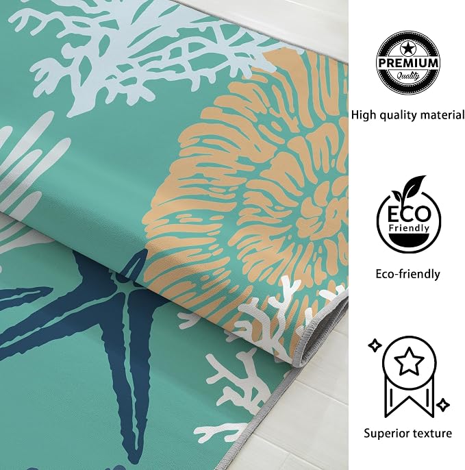 Tritard Coastal Area Rugs Nautical Beach Themed Non-Slip Machine Washable Rugs Modern Floor Carpet for Living Room Bedroom, 4x6, Teal and Turquoise