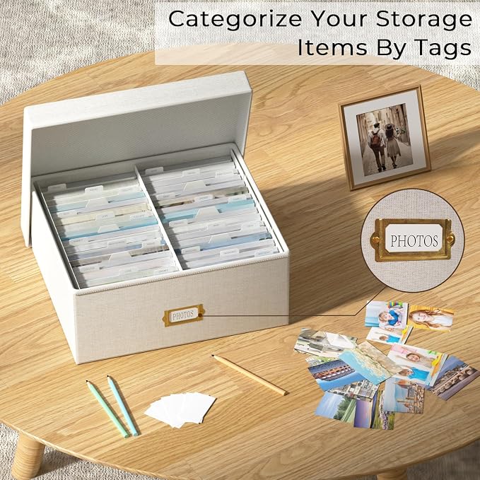 Decorative Photo Storage Box, Linen Photo Box Holds 1700 4x6 Pictures Beige | Photo Storage Containers with 8 Dividers, Memory Keepsake Organizer for Photos, Scrapbook Supplies, Cards, Stamps,Archive Box