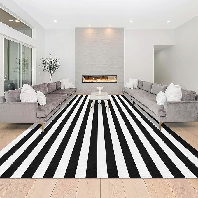 Black and White Striped Rug Woven Mat Outdoor Area Carpet 8x10 Feet | Black and White Thick Stripes Rug Cotton Washable Indoor/Outdoor Area Rug for Living Room Bedroom Bathroom Home Decor Carpet