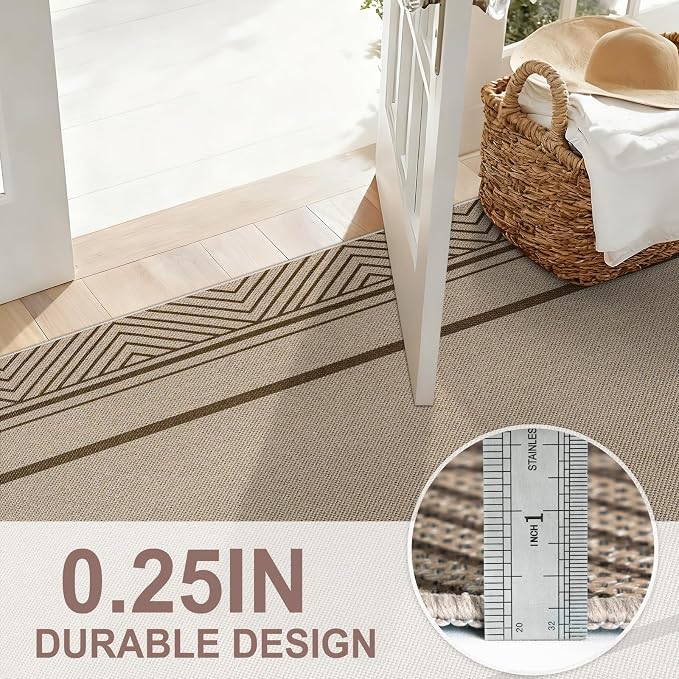 Capslpad 2x8 Hallway Area Rug, Faux Jute Geometry Line Entryway Rug, Farmhouse Washable Non-Slip Rubber Backing, Stain Resistant Low Pile Runners for Hallways, Kitchen, Bedroom, Laundry, Brown