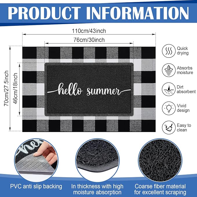 Geelin 2 Pcs 30'' x 18'' Doormat 43'' x 27.5'' Black and White Layered Rug for Front Door Mat Outside Entrance Welcome Door Mats for Indoor Outdoor Entryway Porch Decor(Hello Summer)