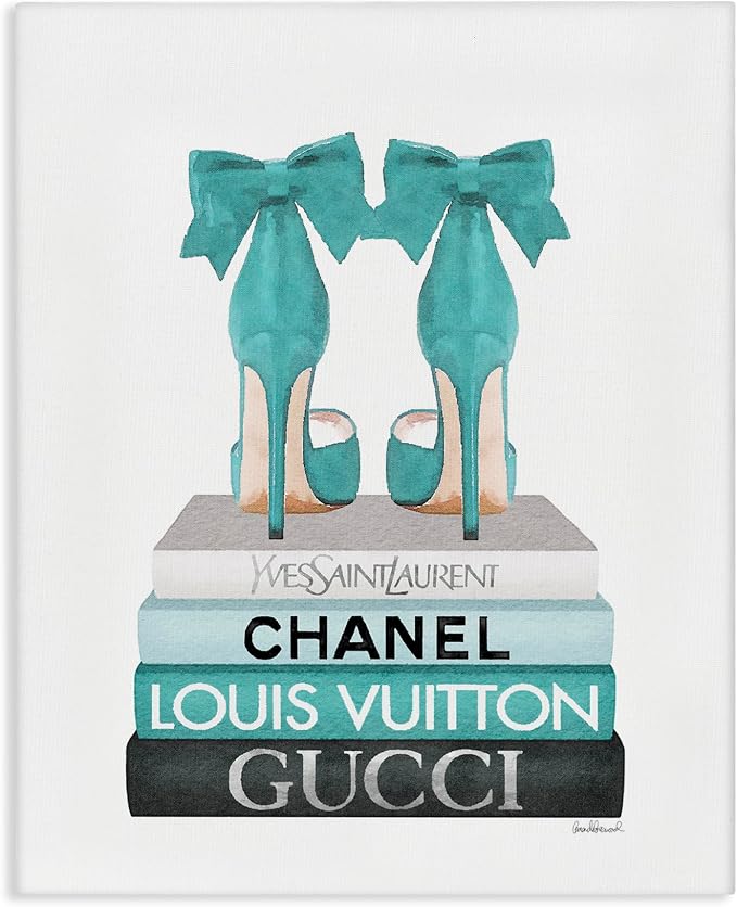 Stupell Industries 'Turquoise Bow Heels on Books', Canvas Art, 30 x 40 Inches, Easy to Hang and Sturdy, Made in USA, by Amanda Greenwood | Stupell Industries | 30 x 40 Inches, Easy to Hang and Sturdy, Made in USA, by Amanda Greenwood