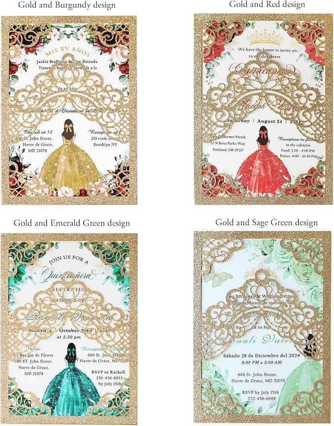 Hosmsua 50PCS Personalized Gold Glitter Quinceanera Invitations Kit, 5.1x7.3 Inch Laser Cut Floral Crown Pocket Quinceanera Invitation Cards with Envelopes for Birthday Quince Anos Invite